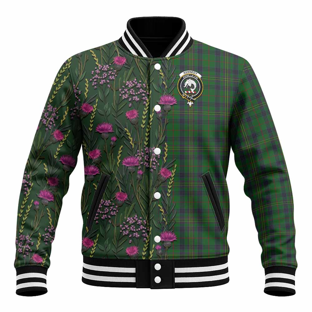 Kennedy Family Crest Tartan Baseball Jacket Scottish Thistle Flower Pattern Half Style - Tartan Vibes Clothing