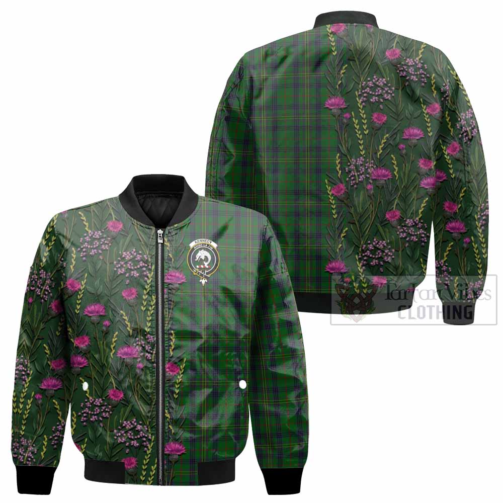 Kennedy Family Crest Tartan Bomber Jacket Scottish Thistle Flower Pattern Half Style - Tartan Vibes Clothing