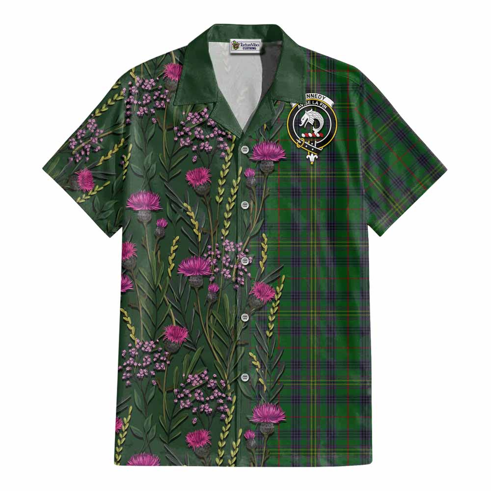 Kennedy Family Crest Tartan Cotton Hawaiian Shirt Scottish Thistle Flower Pattern Half Style - Tartan Vibes Clothing