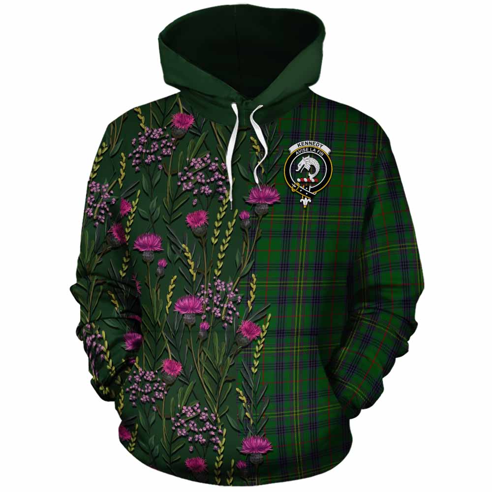 Kennedy Family Crest Tartan Cotton Hoodie Scottish Thistle Flower Pattern Half Style - Tartan Vibes Clothing