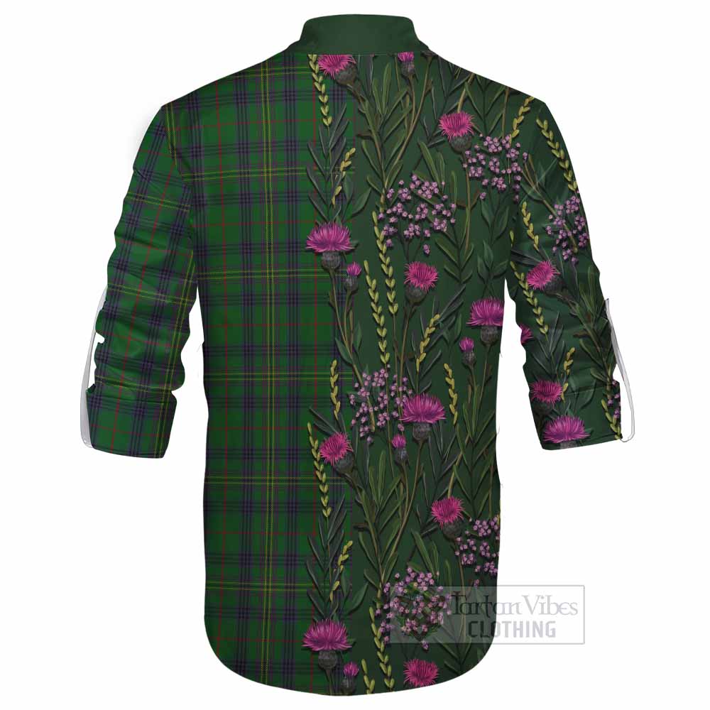 Kennedy Family Crest Tartan Ghillie Shirt Scottish Thistle Flower Pattern Half Style - Tartan Vibes Clothing