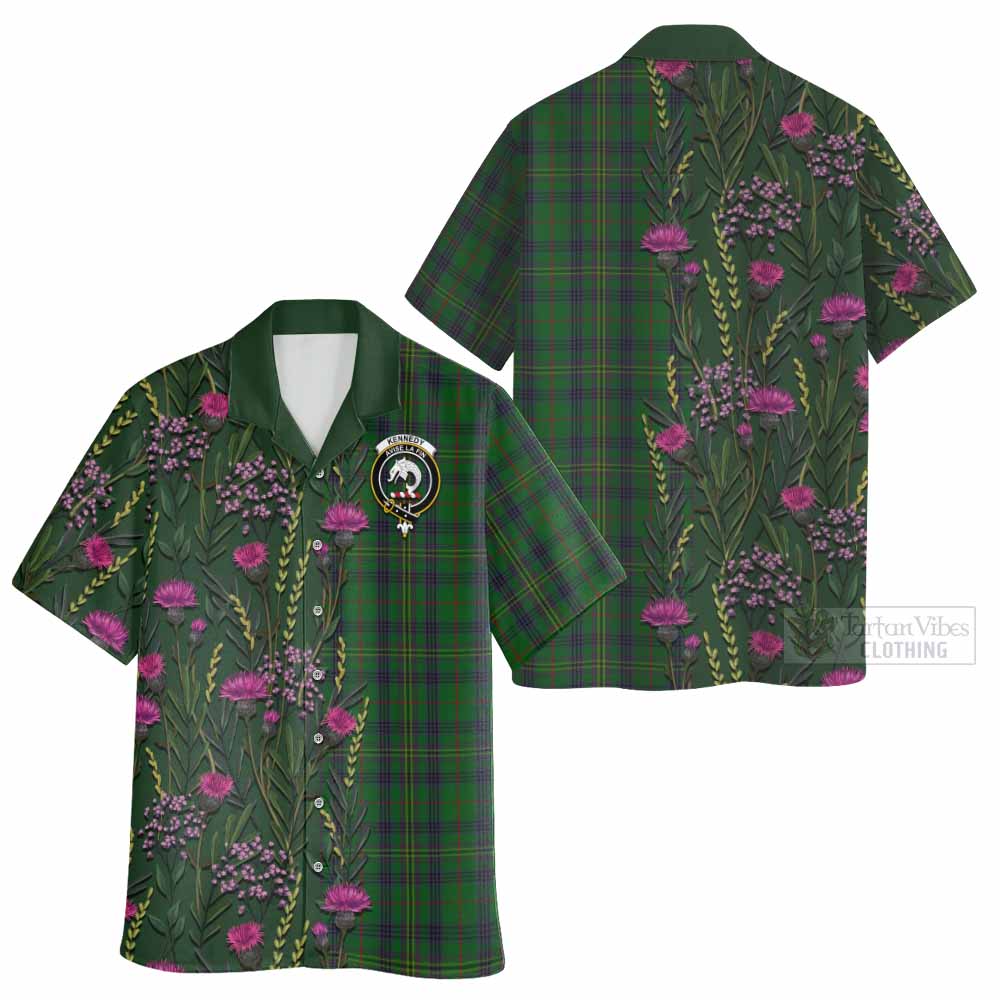 Kennedy Family Crest Tartan Hawaiian Shirt Scottish Thistle Flower Pattern Half Style - Tartan Vibes Clothing