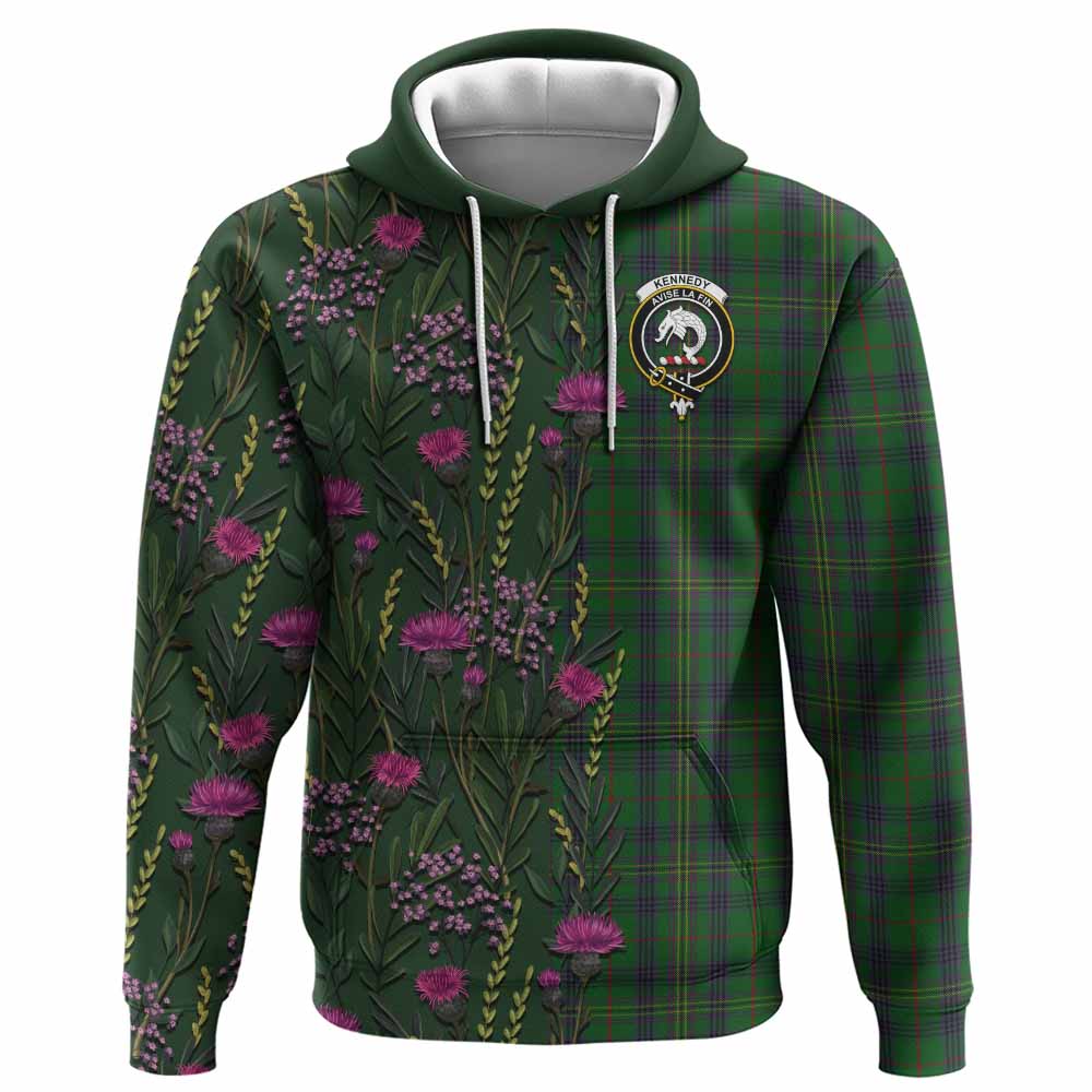 Kennedy Family Crest Tartan Hoodie Scottish Thistle Flower Pattern Half Style - Tartan Vibes Clothing
