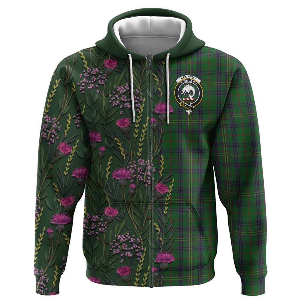 Kennedy Family Crest Tartan Hoodie Scottish Thistle Flower Pattern Half Style - Tartan Vibes Clothing