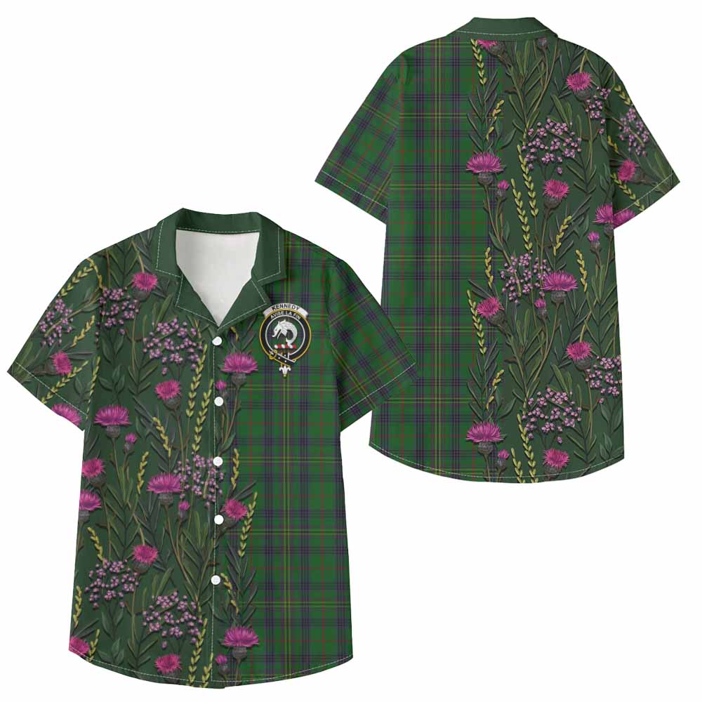Kennedy Family Crest Tartan Kid Hawaiian Shirt Scottish Thistle Flower Pattern Half Style - Tartan Vibes Clothing