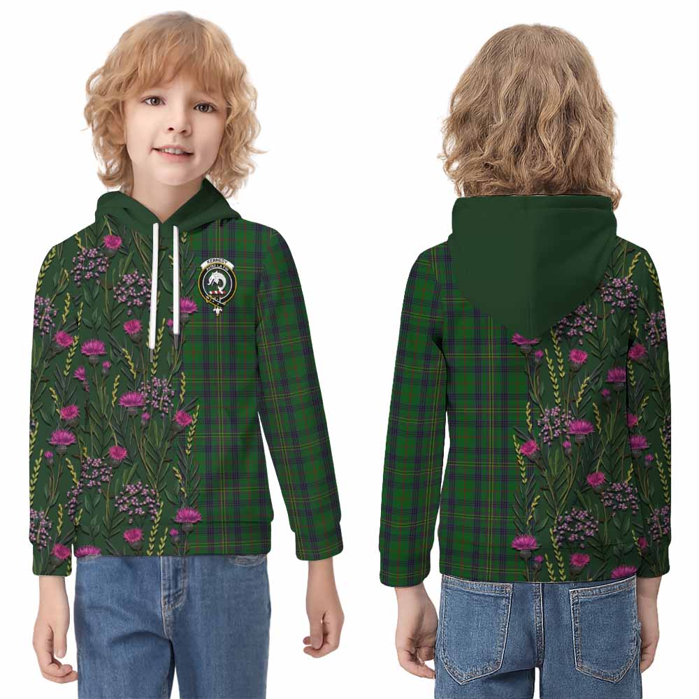 Kennedy Family Crest Tartan Kid Hoodie Scottish Thistle Flower Pattern Half Style - Tartan Vibes Clothing