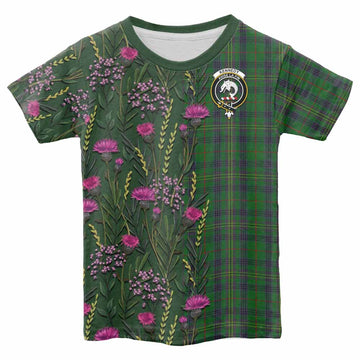 Kennedy Family Crest Tartan Kid T-shirt Scottish Thistle Flower Pattern Half Style - Tartan Vibes Clothing