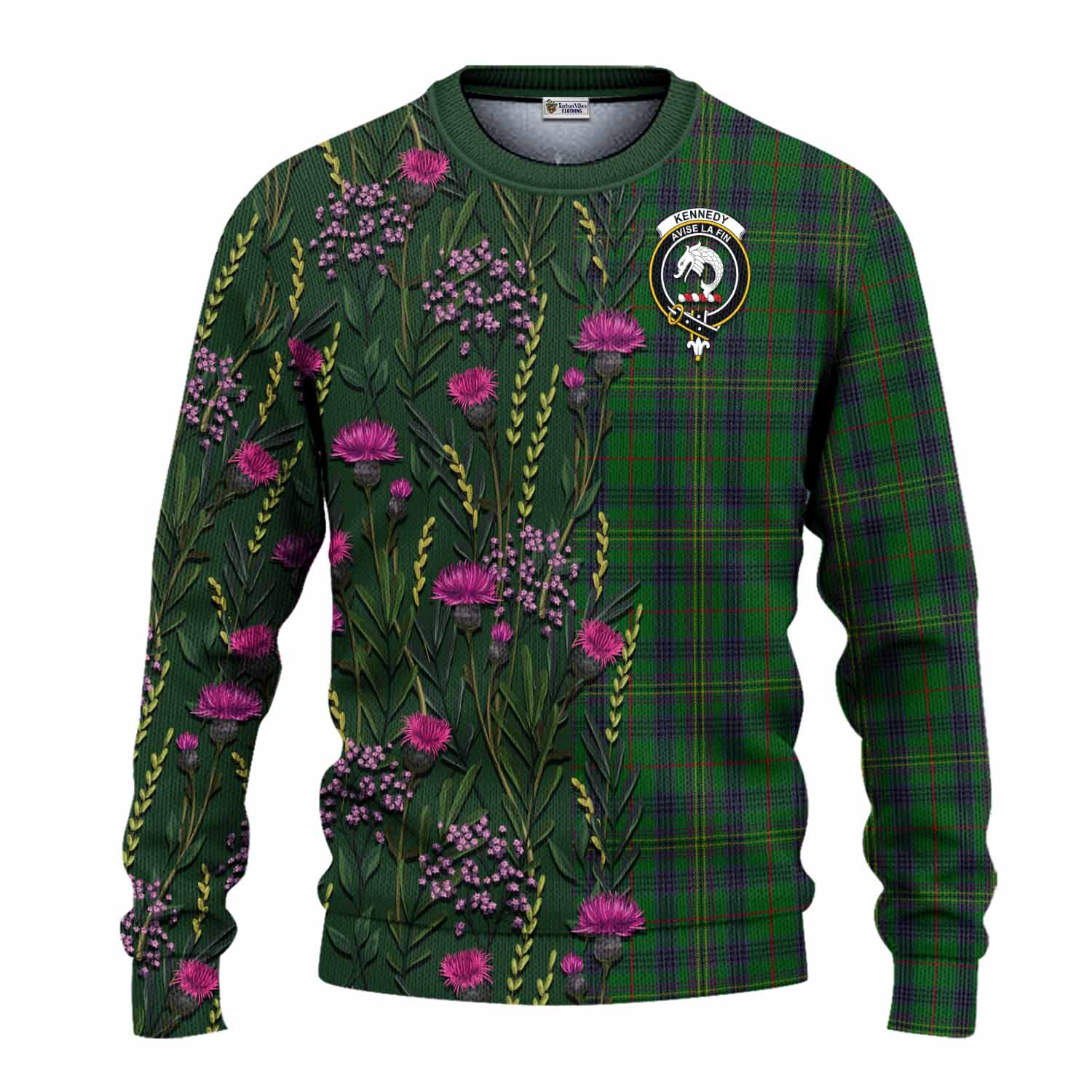 Kennedy Family Crest Tartan Knitted Sweater Scottish Thistle Flower Pattern Half Style - Tartan Vibes Clothing