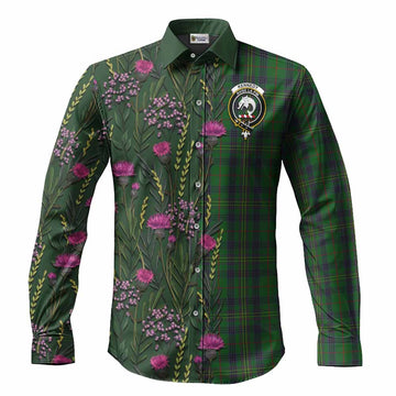 Kennedy Family Crest Tartan Long Sleeve Button Shirts Scottish Thistle Flower Pattern Half Style