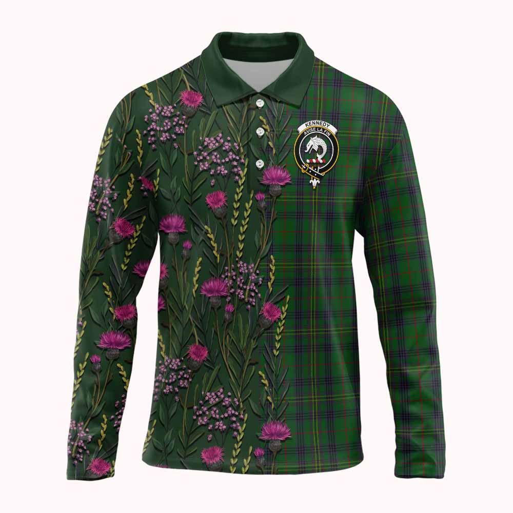Kennedy Family Crest Tartan Long Sleeve Polo Shirt Scottish Thistle Flower Pattern Half Style - Tartan Vibes Clothing