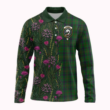 Kennedy Family Crest Tartan Long Sleeve Polo Shirt Scottish Thistle Flower Pattern Half Style