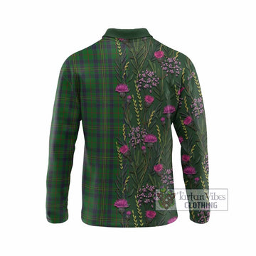 Kennedy Family Crest Tartan Long Sleeve Polo Shirt Scottish Thistle Flower Pattern Half Style