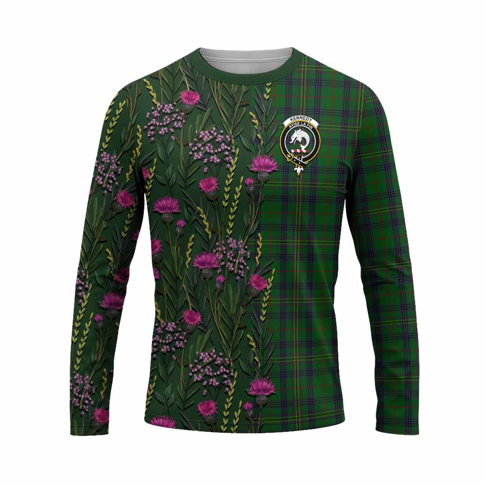 Kennedy Family Crest Tartan Long Sleeve T-Shirt Scottish Thistle Flower Pattern Half Style - Tartan Vibes Clothing