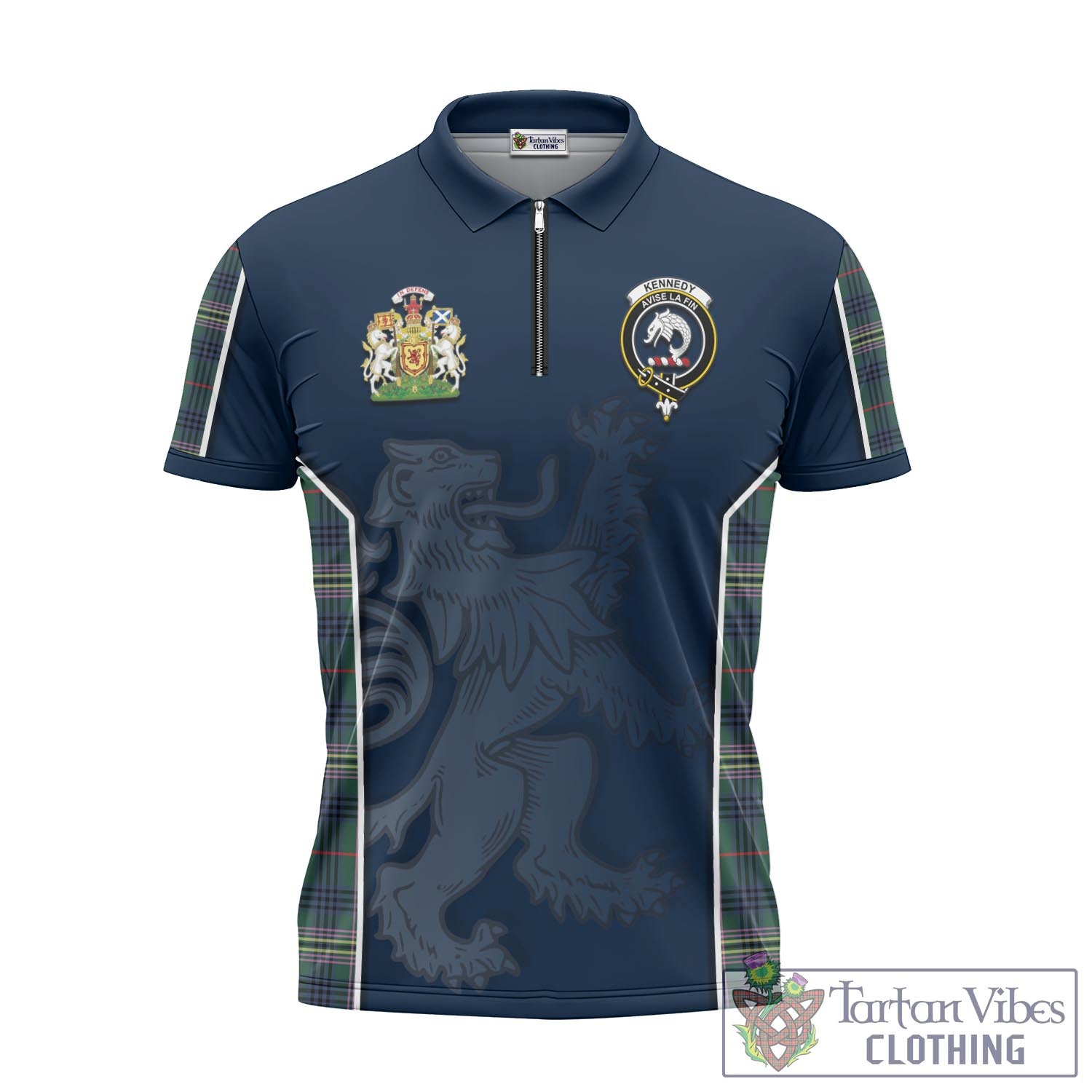 Tartan Vibes Clothing Kennedy Modern Tartan Zipper Polo Shirt with Family Crest and Lion Rampant Vibes Sport Style