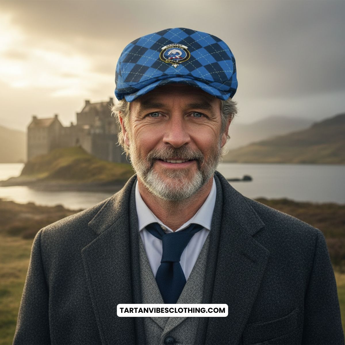 Kennedy Scottish Family Crest Flat Cap, Jeff Cap Navy Argyle Classic Style