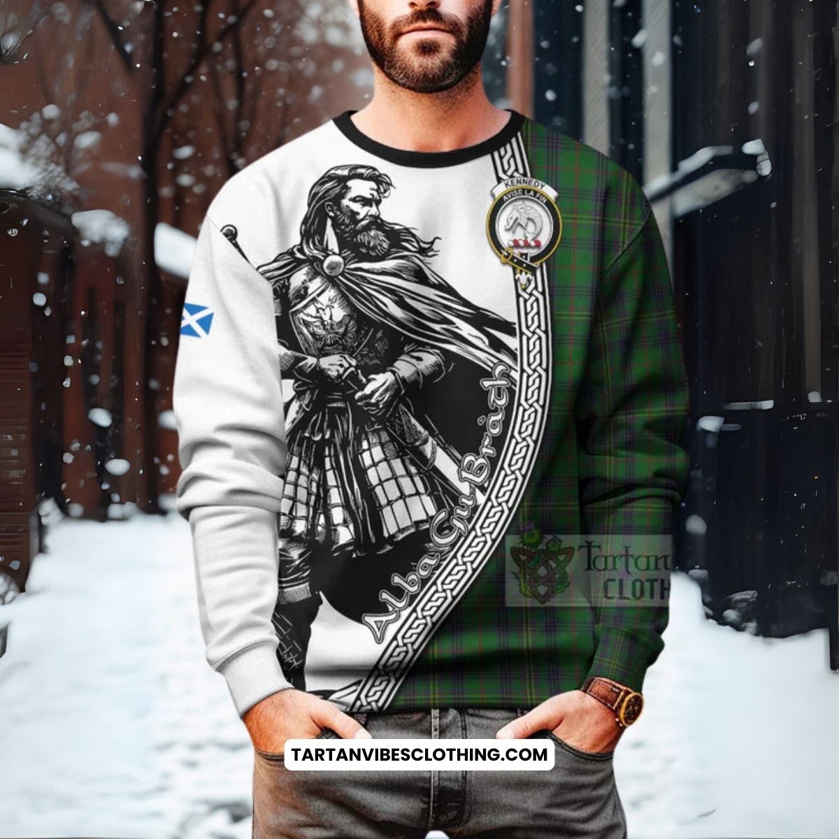 Kennedy Tartan Clan Crest Sweatshirt with Highlander Warrior Celtic Style
