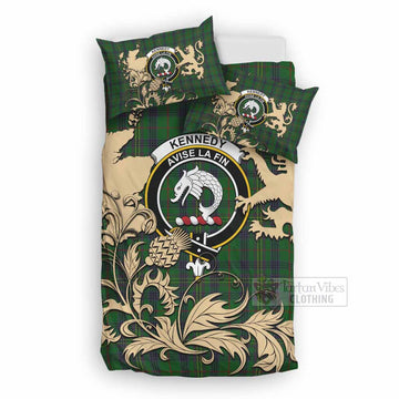Kennedy Tartan Crest Bedding Set with Scottish Iconic Symbols 