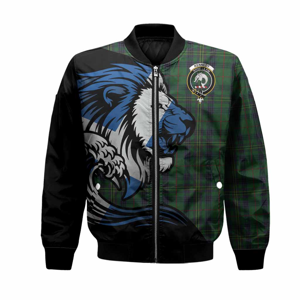 Kennedy Tartan Crest Bomber Jacket Scottish Golden Lions Wave Flow