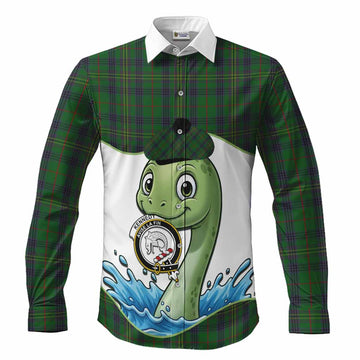 Kennedy Tartan Crest Cute Nessie Long Sleeve Button Shirts Scottish Loch Ness Monster