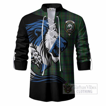 Kennedy Tartan Crest Ghillie Shirt Scottish Golden Lions Wave Flow