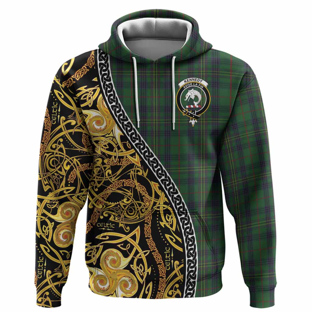 Kennedy Tartan Crest Hoodie Celtic Knot and Triple Trickle Spiral Symbols