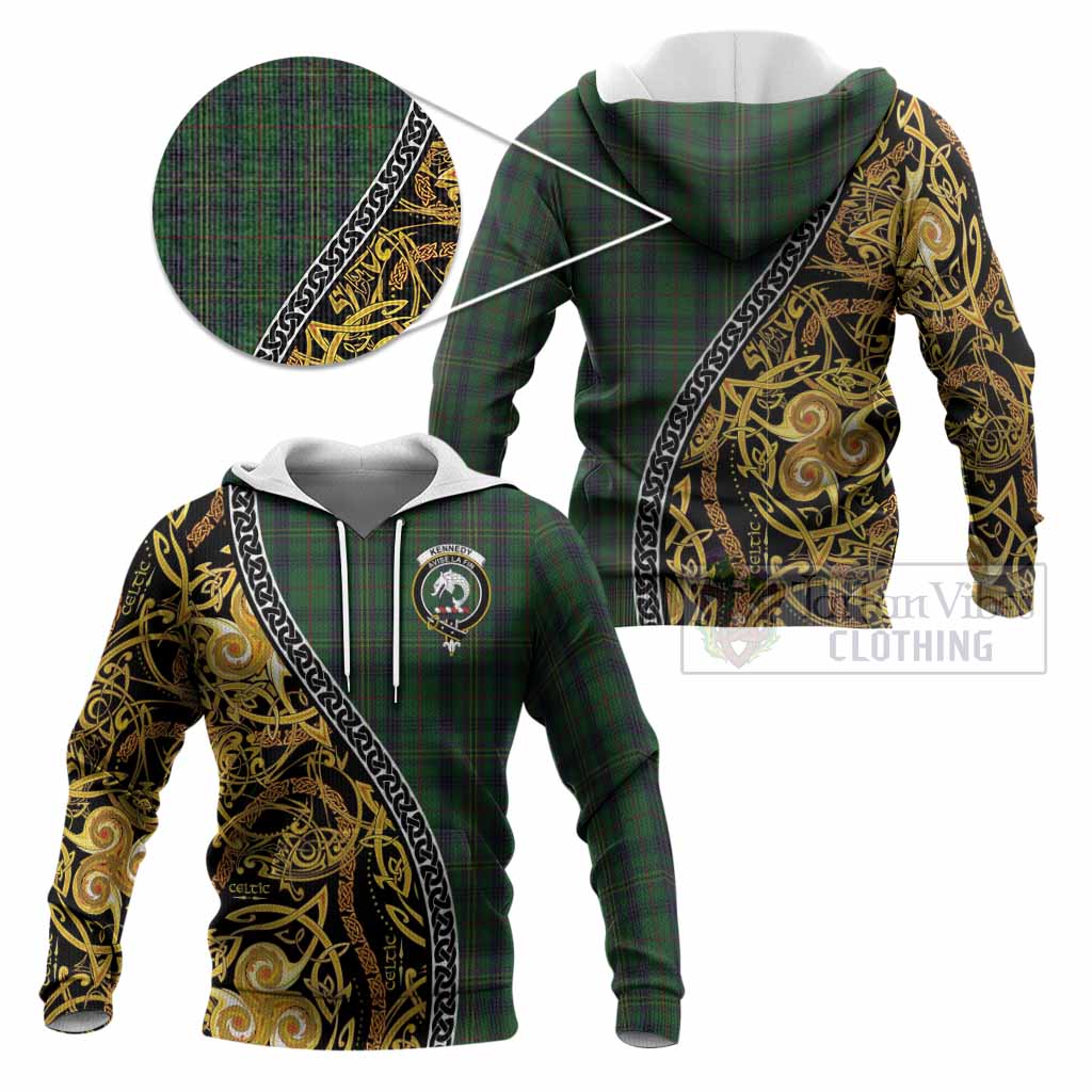 Kennedy Tartan Crest Knitted Hoodie Celtic Knot and Triple Trickle Spiral Symbols