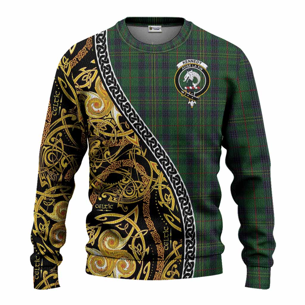 Kennedy Tartan Crest Knitted Sweater Celtic Knot and Triple Trickle Spiral Symbols