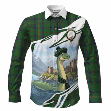 Kennedy Tartan Crest Loch Ness Monster Scottish Heritage Art Long Sleeve Button Shirts