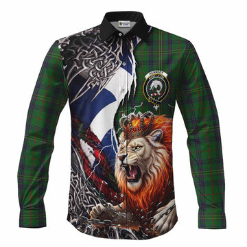 Kennedy Tartan Crest Long Sleeve Button Shirts Heritage Flag Grunge Celtic Knot and Lion Rampant