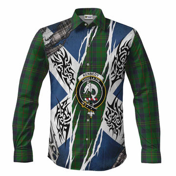 Kennedy Tartan Crest Long Sleeve Button Shirts Scotland Flag Ripped Tribal Design
