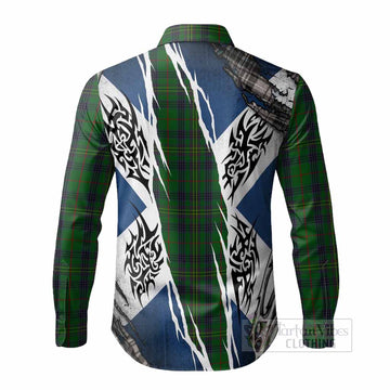 Kennedy Tartan Crest Long Sleeve Button Shirts Scotland Flag Ripped Tribal Design