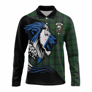 Kennedy Tartan Crest Long Sleeve Polo Shirt Scottish Golden Lions Wave Flow