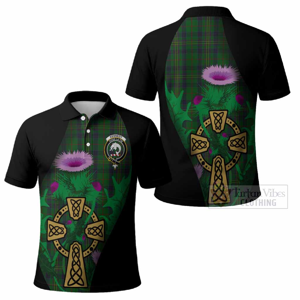 Kennedy Tartan Crest Polo Shirt Celtic Cross Thistle Flowers