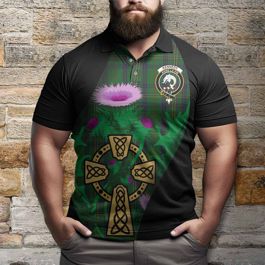 Kennedy Tartan Crest Polo Shirt Celtic Cross Thistle Flowers