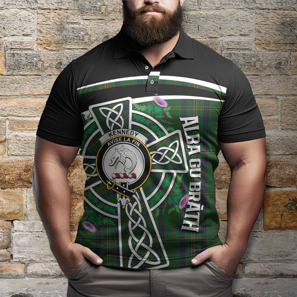 Kennedy Tartan Crest Polo Shirt Scottish Thistle Celtic Cross Alba Gu Brath