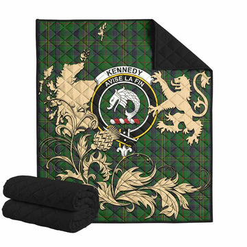 Kennedy Tartan Crest Premium Quilt with Scottish Iconic Symbols 