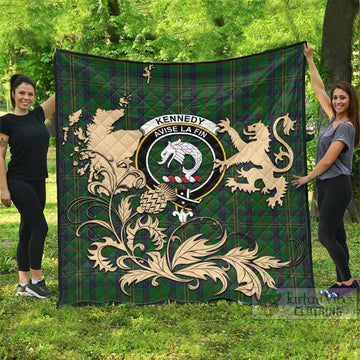 Kennedy Tartan Crest Premium Quilt with Scottish Iconic Symbols 
