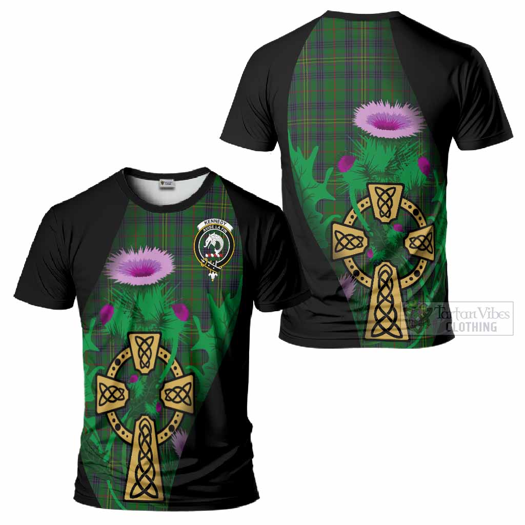 Kennedy Tartan Crest T-Shirt Celtic Cross Thistle Flowers
