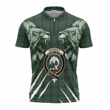 Kennedy Tartan Crest Zipper Polo Shirt Ferocious Lion Style