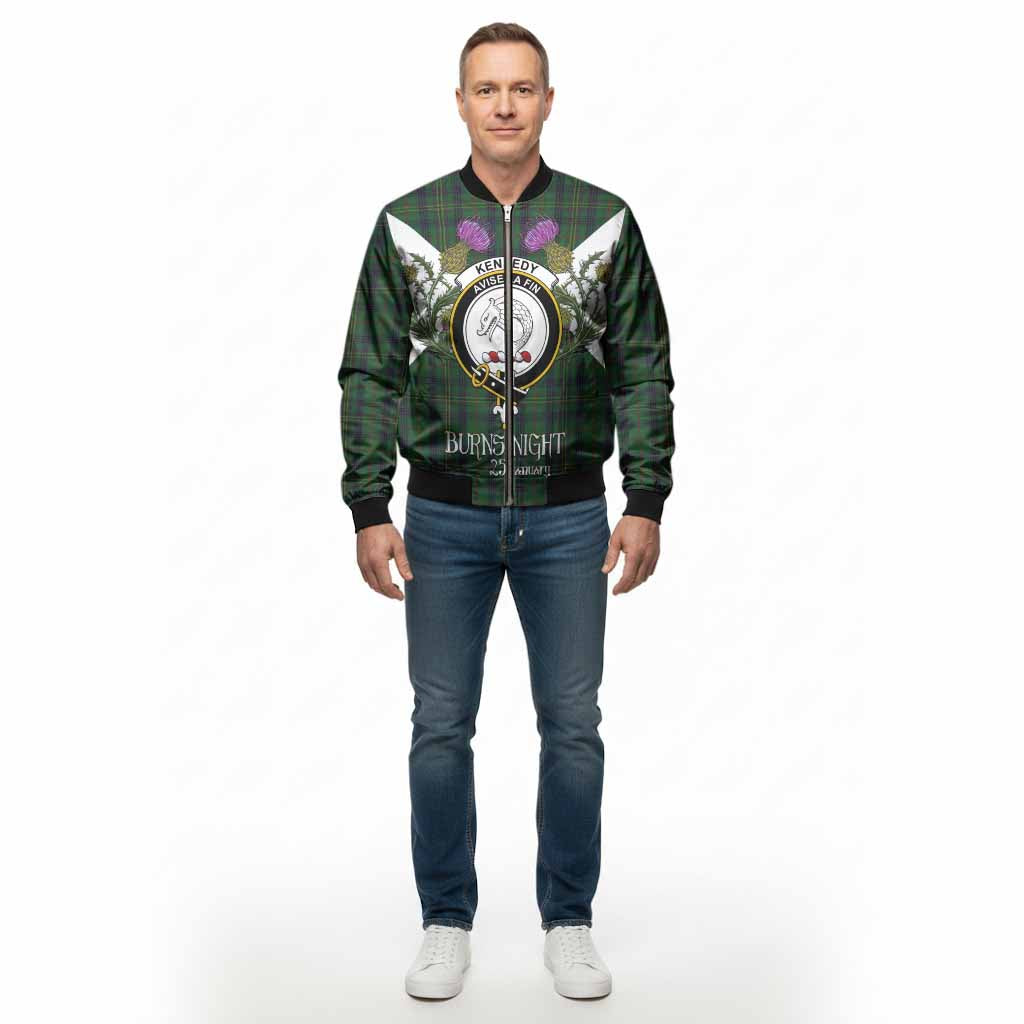 Kennedy Tartan Family Crest Bomber Jacket Scottish Burns Night Thistle Floral