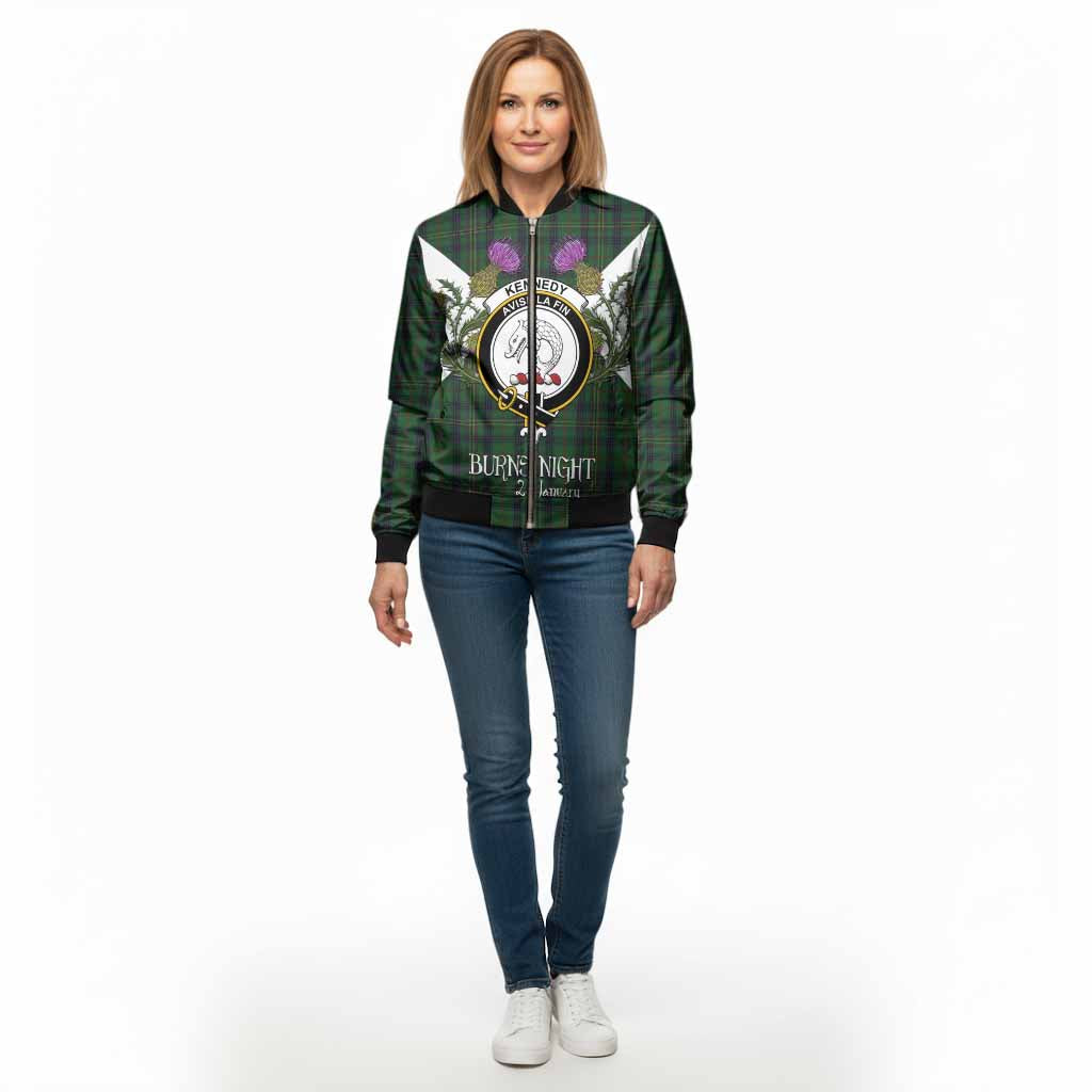 Kennedy Tartan Family Crest Bomber Jacket Scottish Burns Night Thistle Floral