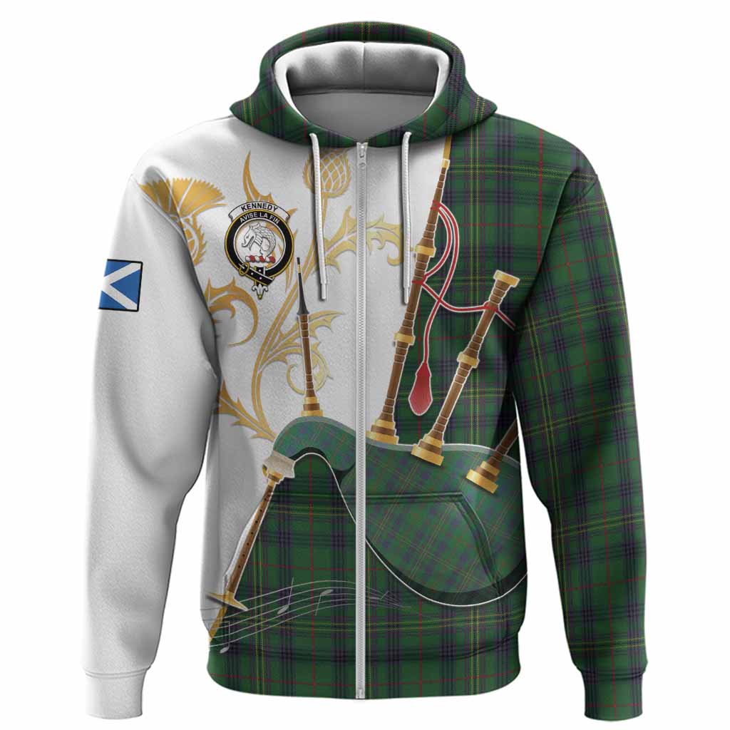 Kennedy Tartan Family Crest Hoodie Bagpipes with Scottish Thistle
