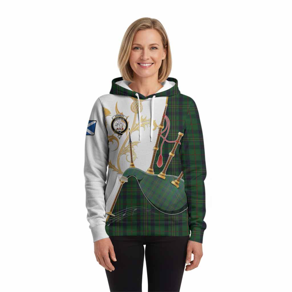 Kennedy Tartan Family Crest Hoodie Bagpipes with Scottish Thistle