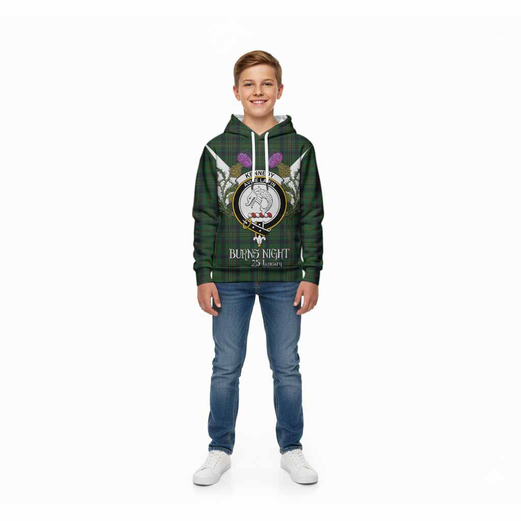 Kennedy Tartan Family Crest Kid Hoodie Scottish Burns Night Thistle Floral
