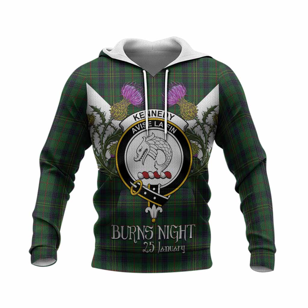 Kennedy Tartan Family Crest Knitted Hoodie Scottish Burns Night Thistle Floral