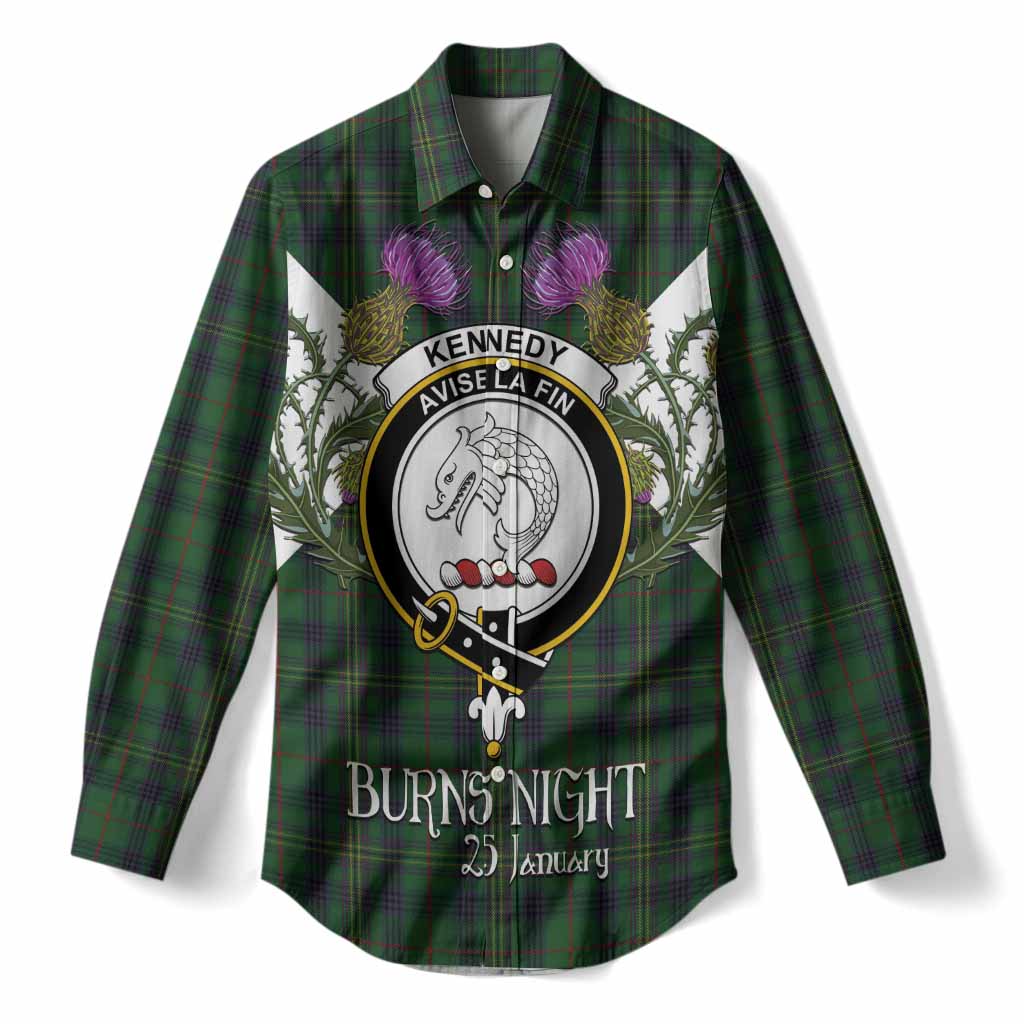 Kennedy Tartan Family Crest Women Casual Shirt Scottish Burns Night Thistle Floral