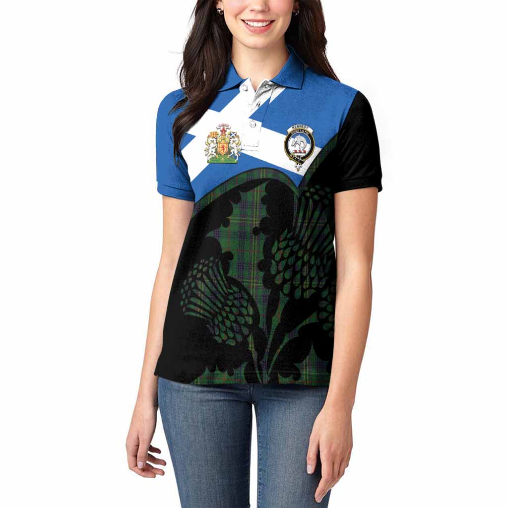 Kennedy Tartan Family Crest Women Polo Shirt Scotland Thistle Floral Flag Style
