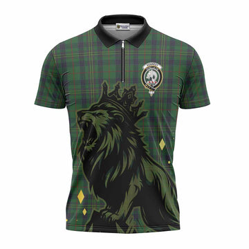 Kennedy Tartan Family Crest Zipper Polo Shirt Crowned Lion Roaring
