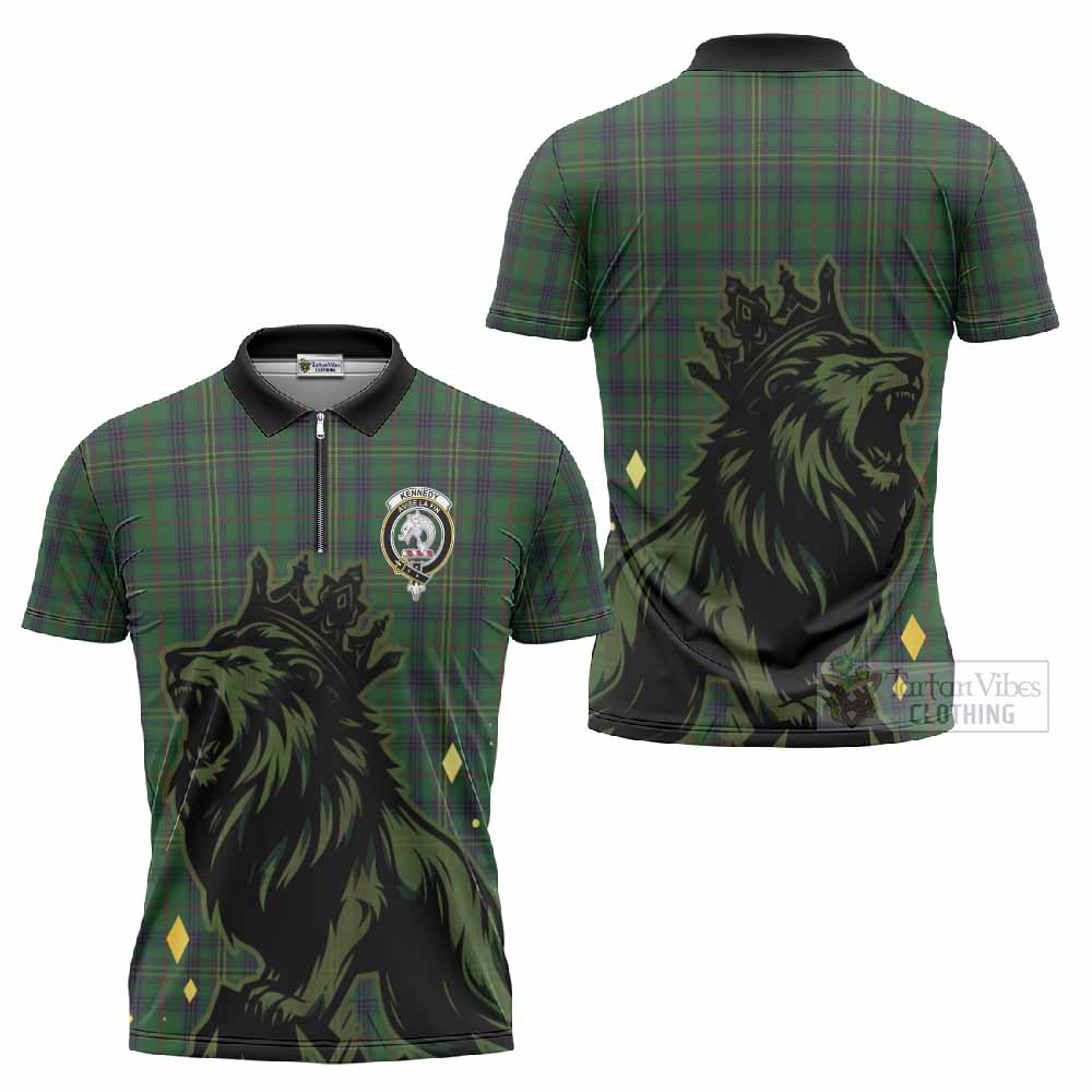 Kennedy Tartan Family Crest Zipper Polo Shirt Crowned Lion Roaring