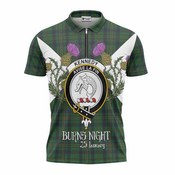 Kennedy Tartan Family Crest Zipper Polo Shirt Scottish Burns Night Thistle Floral